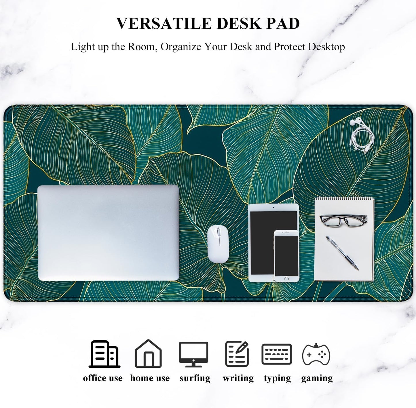 XL Extended Gaming Mouse Pad 31.5 x 11.8 Inch — Teal Tropical Leaves, Stitched Edges, Non-Slip Rubber Base, Waterproof, MOBA FPS RTS Compatible