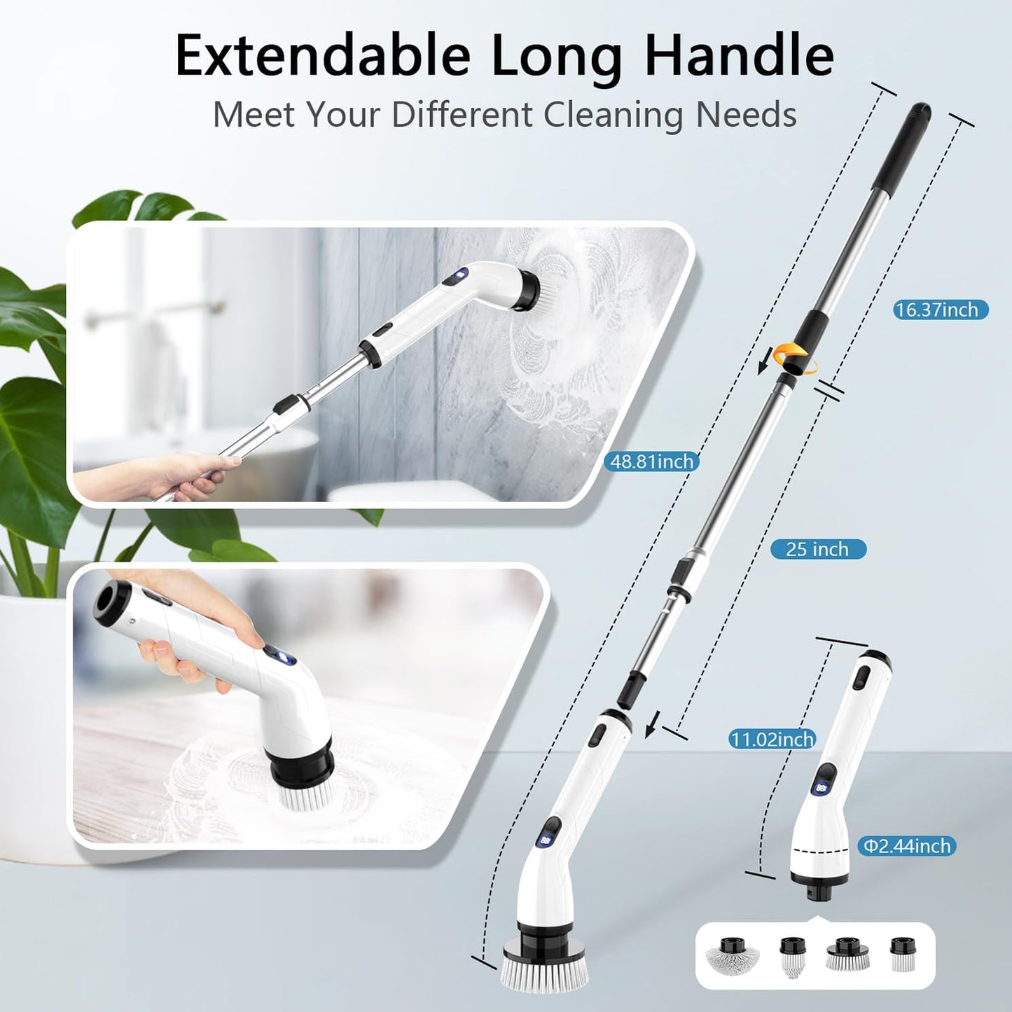Powerful Electric Spin Scrubber - Waterproof, Cordless Bathroom & Kitchen Cleaner with Adjustable Handle & LCD Display