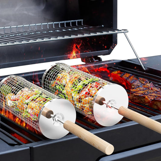 Rolling Grill Basket Set – Stainless Steel BBQ Baskets with Removable Wooden Handles