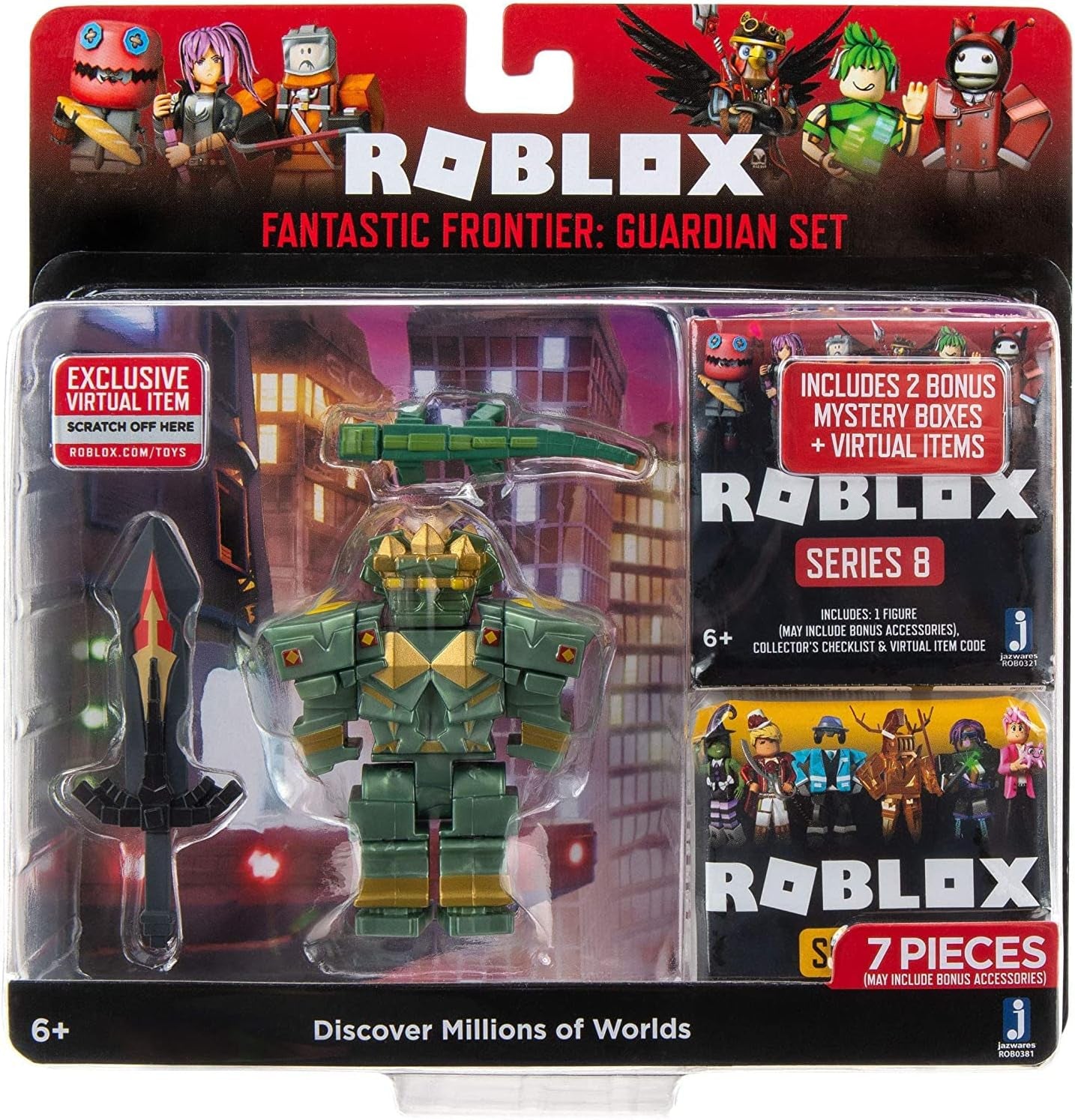 Roblox Fantastic Frontier Guardian Set + 2 Mystery Figures Bundle — 3 Exclusive Virtual Item Codes, Series 8 & Celebrity Collection Series 6