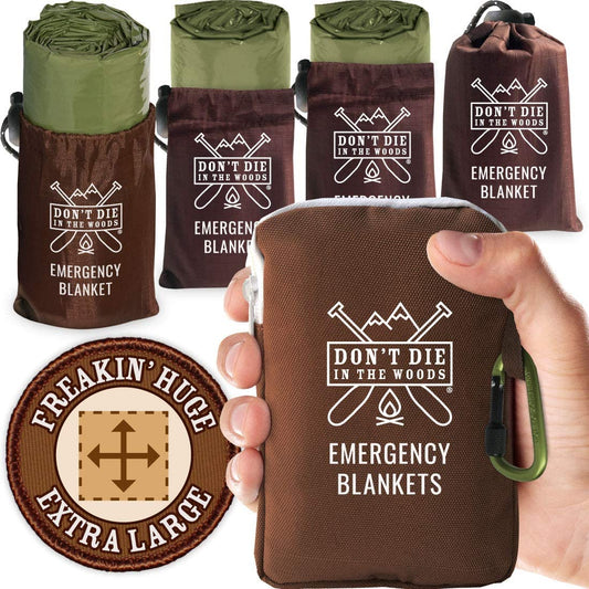 Freakin' Huge Emergency Blankets 4-Pack — Extra Large 5'x7' Mylar Space Blankets, Ripstop Nylon Stuff Sacks, Carabiner Pack, Survival & First Aid