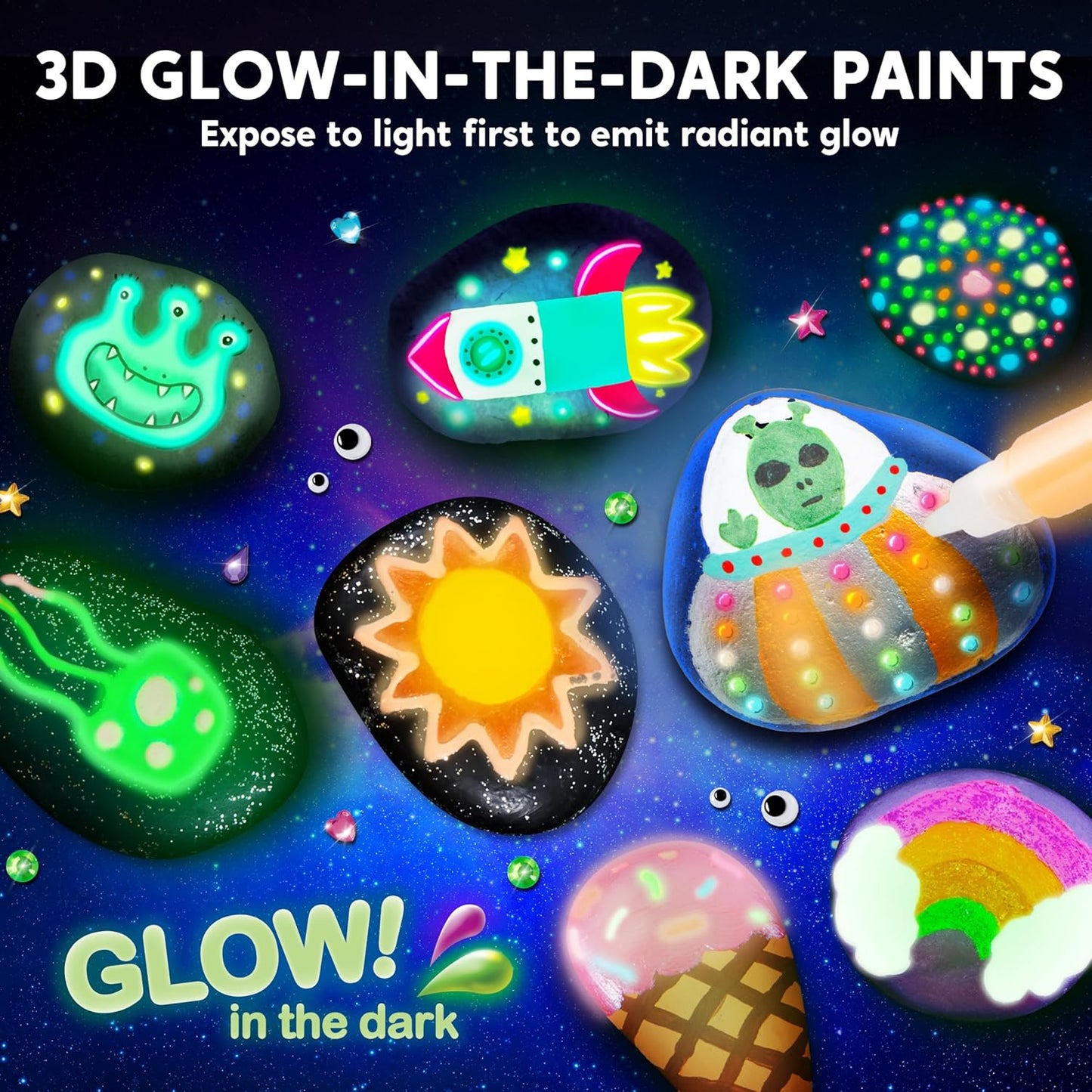 Glow in the Dark Rock Painting Kit - Unleash Creativity with 12 Vibrant Paints for Kids Ages 6-12 - Perfect Arts & Crafts Gift for Birthday Parties and Creative Play