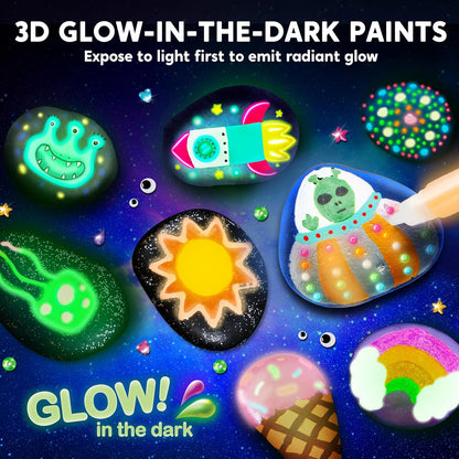 Glow in the Dark Rock Painting Kit - Unleash Creativity with 12 Vibrant Paints for Kids Ages 6-12 - Perfect Arts & Crafts Gift for Birthday Parties and Creative Play