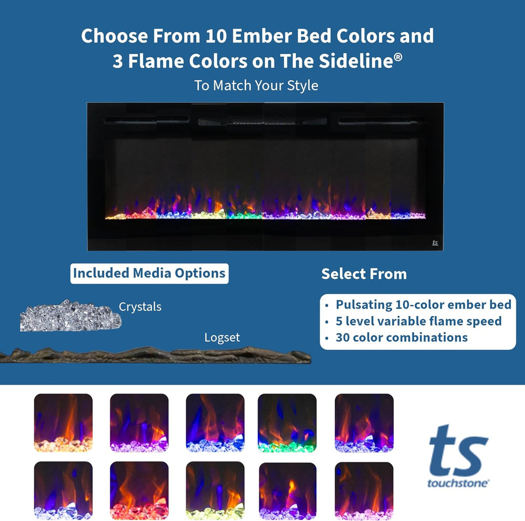 Touchstone Forte 40" Smart Electric Fireplace — Recessed Wall Mount, 30 Flame & Ember Options, 1500W Heater, Alexa & WiFi, Log & Crystal Hearth