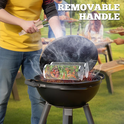 Rolling Grill Basket Set – Stainless Steel BBQ Baskets with Removable Wooden Handles