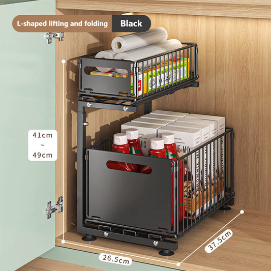 Adjustable 2-Tier Pull-Out Cabinet Organizer - Under Sink & Spice Jar Storage Rack with Slide-Out Drawer