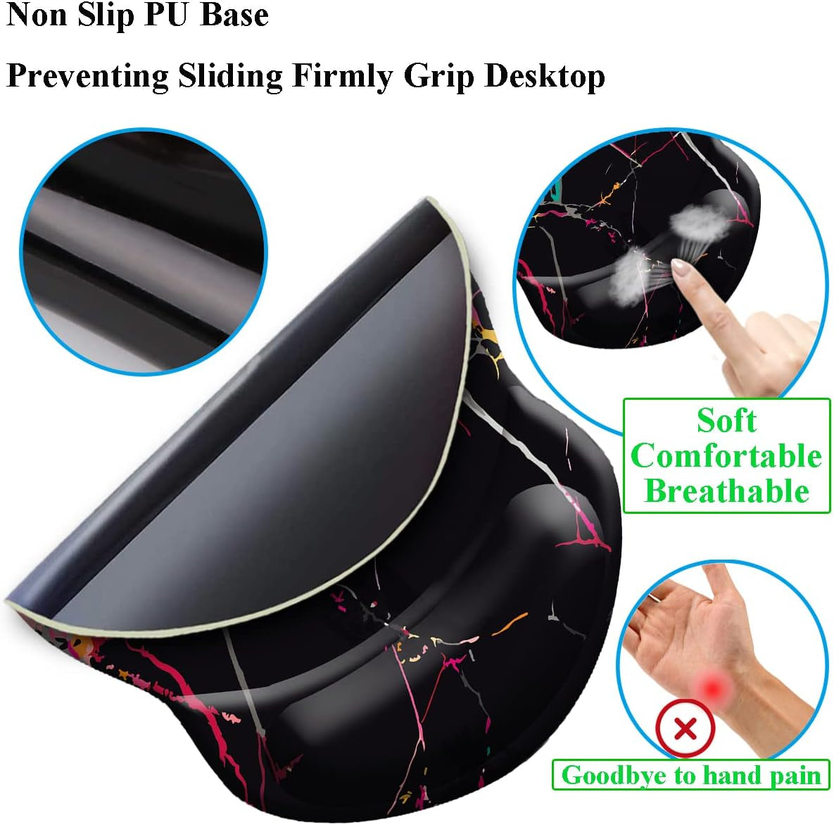 Black Marble Gaming Mouse Pad with Gel Wrist Rest — Non-Slip Ergonomic Support, Washable Surface, 8.7 x 7.5 Inch, Home & Office