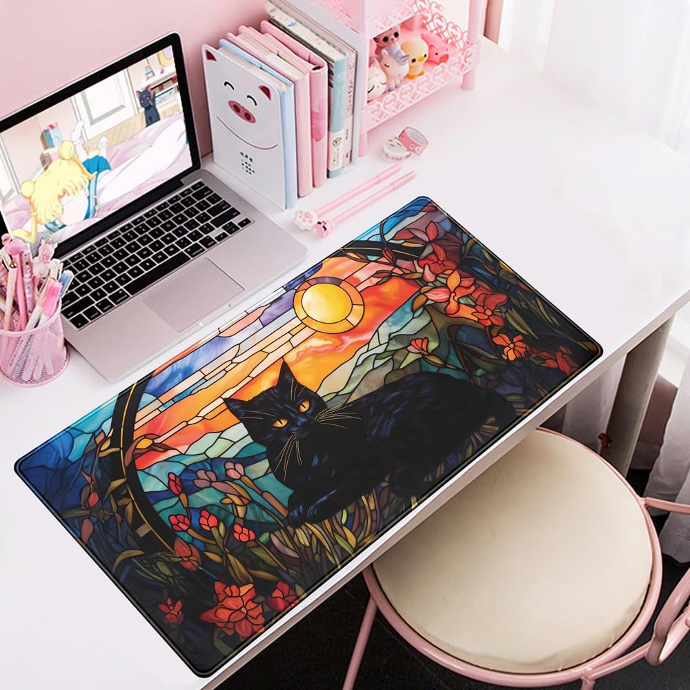 Black Cat Vintage Sunset XXL Gaming Desk Mat — 31.5 x 15.7 Inch, Stitched Edges, Non-Slip Rubber Base, Keyboard & Mouse Pad for Gaming & Office