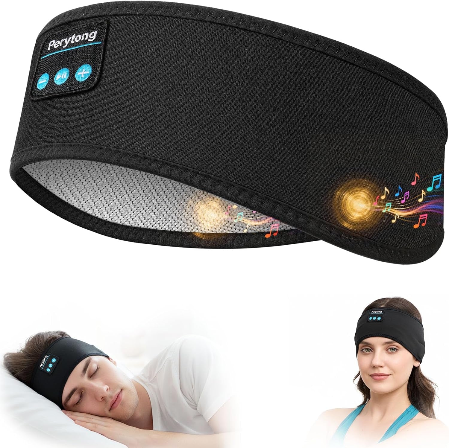 Perytong Bluetooth Sleep Headband Headphones — Ultra-Thin HD Speakers, 10Hr Battery, Bluetooth 5.4, Workout & Sleep Headphones for Side Sleepers