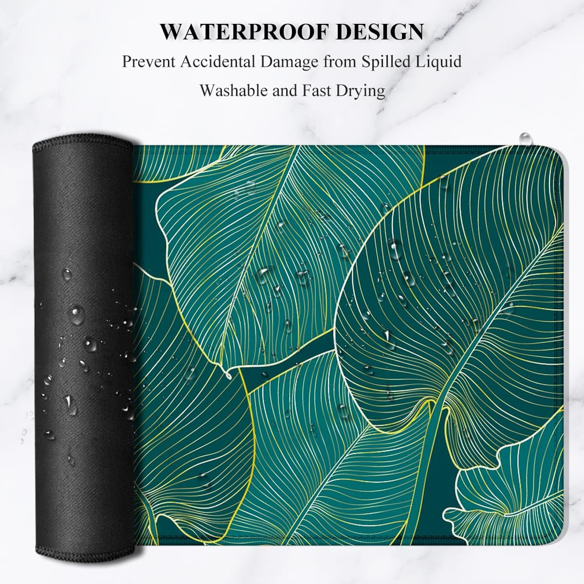 XL Extended Gaming Mouse Pad 31.5 x 11.8 Inch — Teal Tropical Leaves, Stitched Edges, Non-Slip Rubber Base, Waterproof, MOBA FPS RTS Compatible