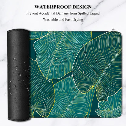 XL Extended Gaming Mouse Pad 31.5 x 11.8 Inch — Teal Tropical Leaves, Stitched Edges, Non-Slip Rubber Base, Waterproof, MOBA FPS RTS Compatible