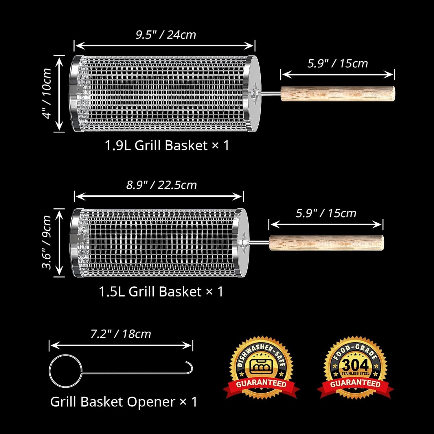 Rolling Grill Basket Set – Stainless Steel BBQ Baskets with Removable Wooden Handles