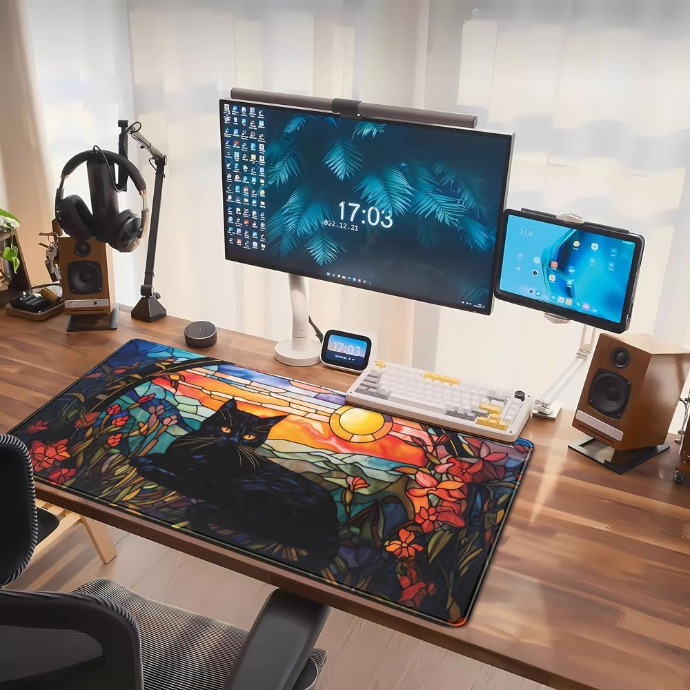 Black Cat Vintage Sunset XXL Gaming Desk Mat — 31.5 x 15.7 Inch, Stitched Edges, Non-Slip Rubber Base, Keyboard & Mouse Pad for Gaming & Office
