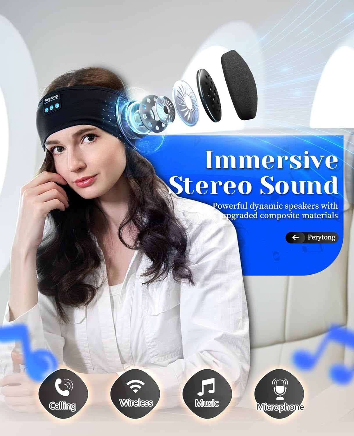 Perytong Bluetooth Sleep Headband Headphones — Ultra-Thin HD Speakers, 10Hr Battery, Bluetooth 5.4, Workout & Sleep Headphones for Side Sleepers