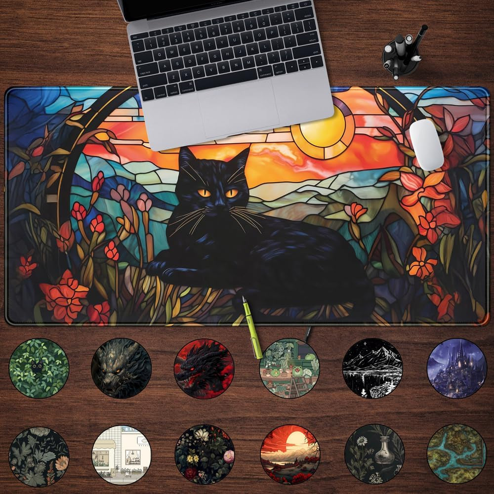 Black Cat Vintage Sunset XXL Gaming Desk Mat — 31.5 x 15.7 Inch, Stitched Edges, Non-Slip Rubber Base, Keyboard & Mouse Pad for Gaming & Office