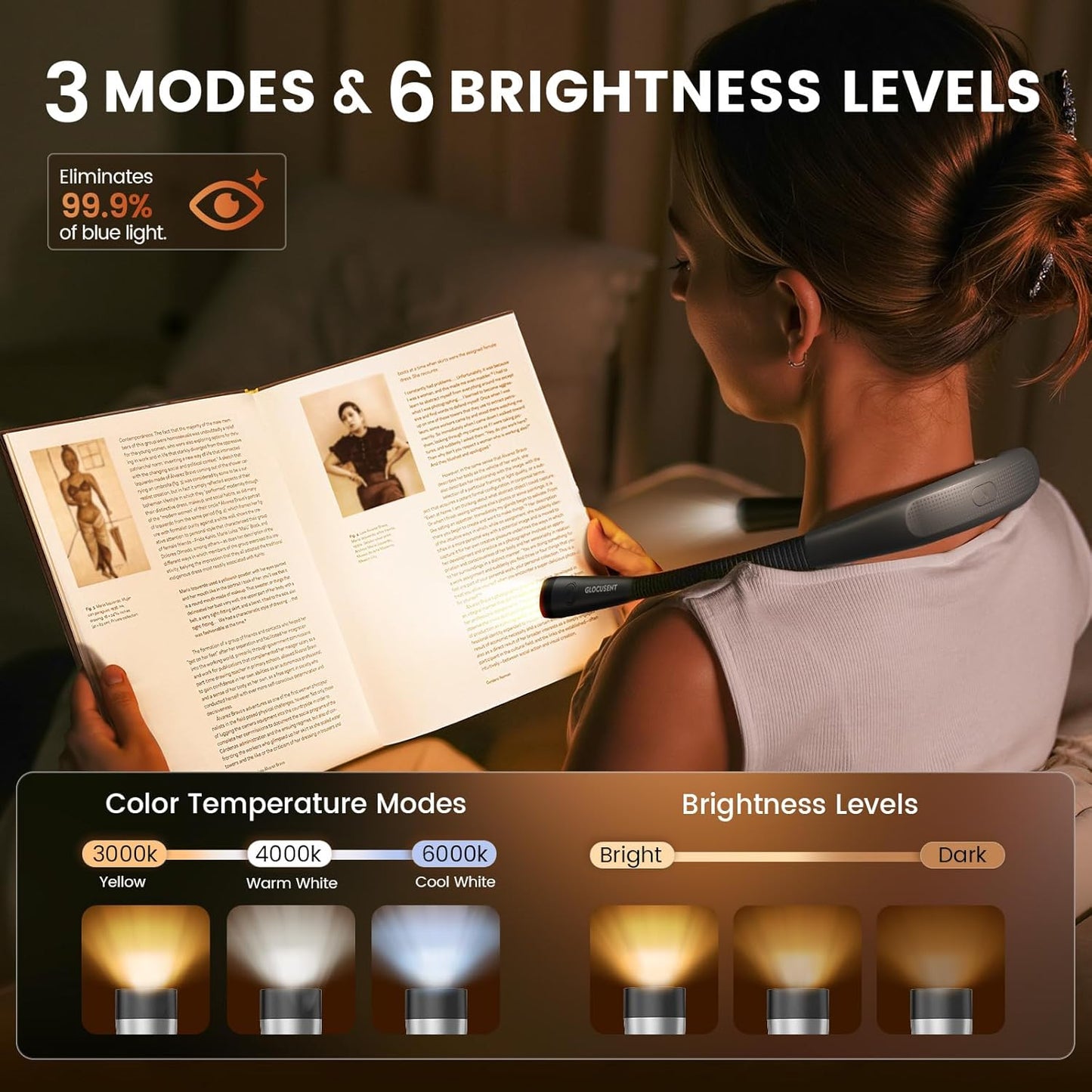 Illuminate Your Reading Experience with the Versatile 3-Color & 6-Brightness Rechargeable Neck Light - Perfect for Avid Readers, Knitters, and Campers!