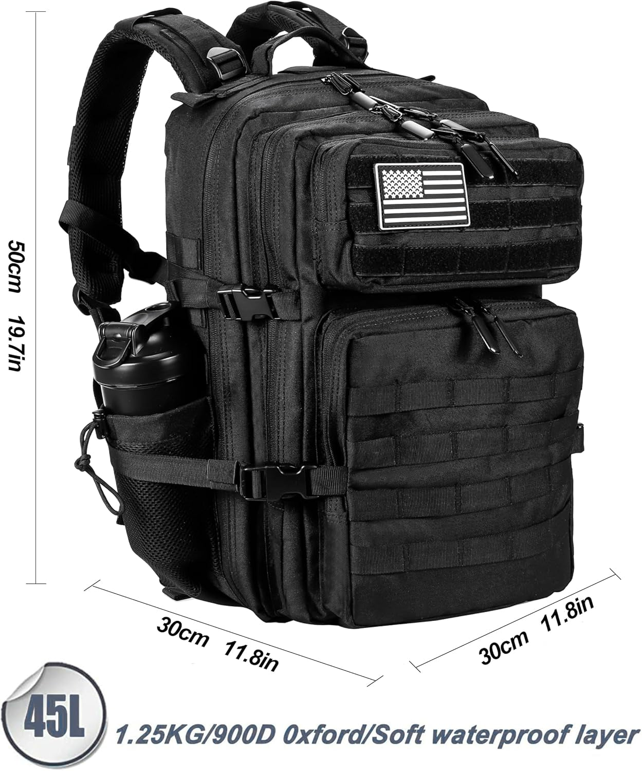 45L Military Tactical Backpack - Versatile Army Assault Pack for Men & Women with Molle System - Large Rucksack in Black