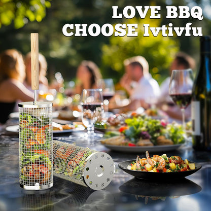 Rolling Grill Basket Set – Stainless Steel BBQ Baskets with Removable Wooden Handles