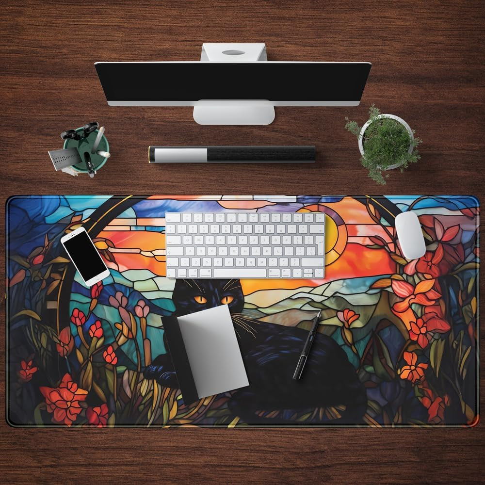 Black Cat Vintage Sunset XXL Gaming Desk Mat — 31.5 x 15.7 Inch, Stitched Edges, Non-Slip Rubber Base, Keyboard & Mouse Pad for Gaming & Office