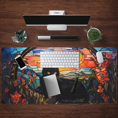 Black Cat Vintage Sunset XXL Gaming Desk Mat — 31.5 x 15.7 Inch, Stitched Edges, Non-Slip Rubber Base, Keyboard & Mouse Pad for Gaming & Office