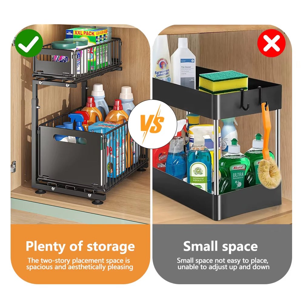 Adjustable 2-Tier Pull-Out Cabinet Organizer - Under Sink & Spice Jar Storage Rack with Slide-Out Drawer