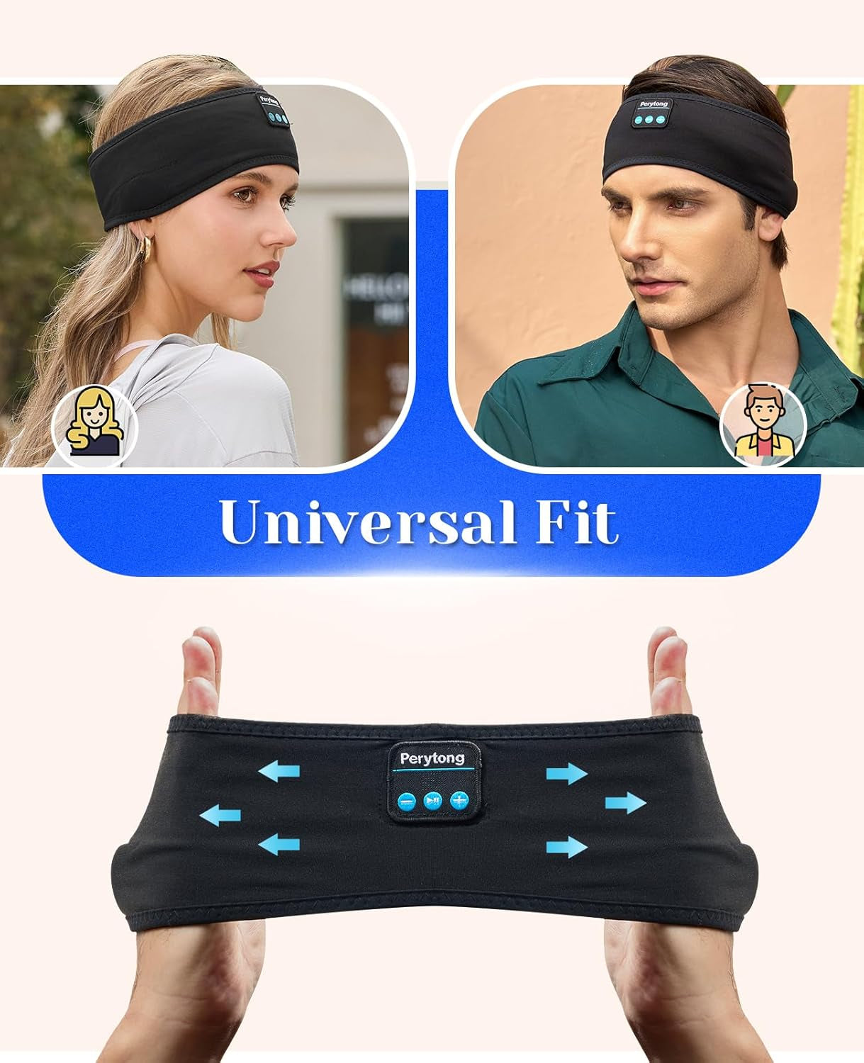 Perytong Bluetooth Sleep Headband Headphones — Ultra-Thin HD Speakers, 10Hr Battery, Bluetooth 5.4, Workout & Sleep Headphones for Side Sleepers