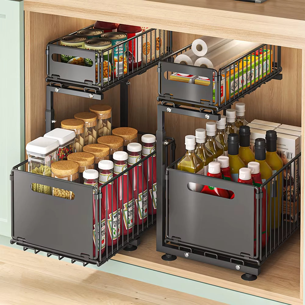 Adjustable 2-Tier Pull-Out Cabinet Organizer - Under Sink & Spice Jar Storage Rack with Slide-Out Drawer