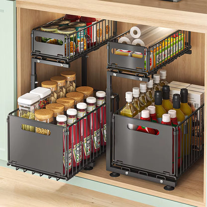 Adjustable 2-Tier Pull-Out Cabinet Organizer - Under Sink & Spice Jar Storage Rack with Slide-Out Drawer
