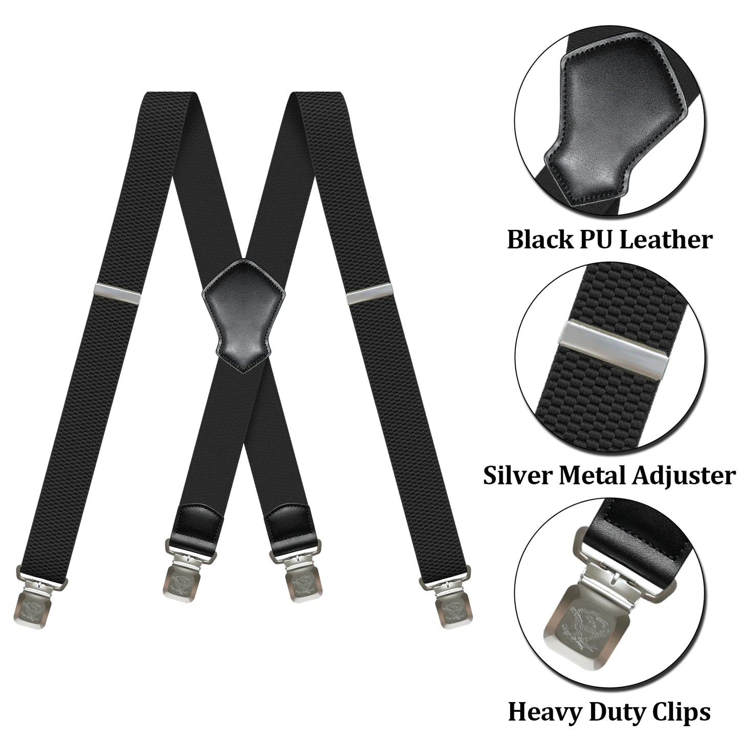 Heavy Duty 1.6 Inch Wide Black Suspenders for Men - Adjustable X Back Elastic Work Braces for Jeans and Dress Pants