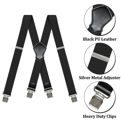 Heavy Duty 1.6 Inch Wide Black Suspenders for Men - Adjustable X Back Elastic Work Braces for Jeans and Dress Pants