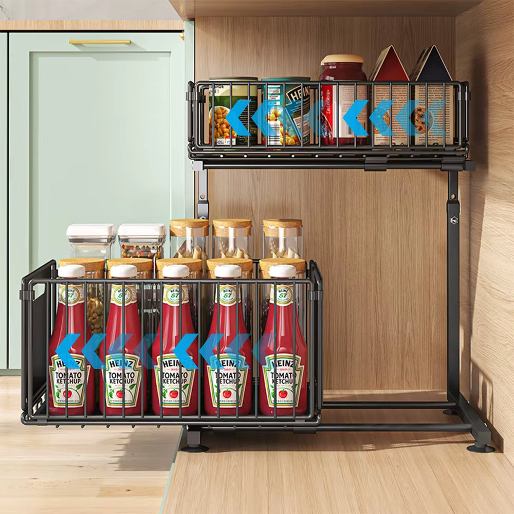 Adjustable 2-Tier Pull-Out Cabinet Organizer - Under Sink & Spice Jar Storage Rack with Slide-Out Drawer