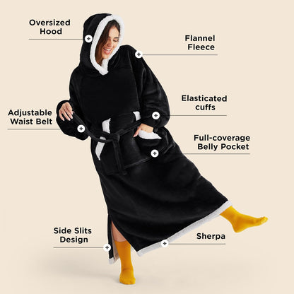 Bedsure Wearable Blanket Hoodie, Long Hooded Blanket Sweatshirt as Birthday Gifts for Women, Cozy Sherpa Hoodie for Adult, Standard, Black