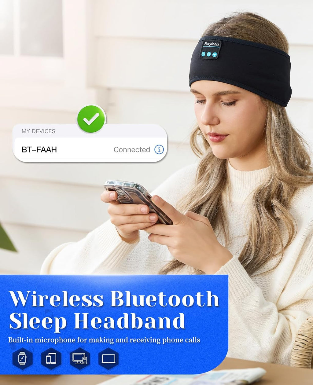 Perytong Bluetooth Sleep Headband Headphones — Ultra-Thin HD Speakers, 10Hr Battery, Bluetooth 5.4, Workout & Sleep Headphones for Side Sleepers