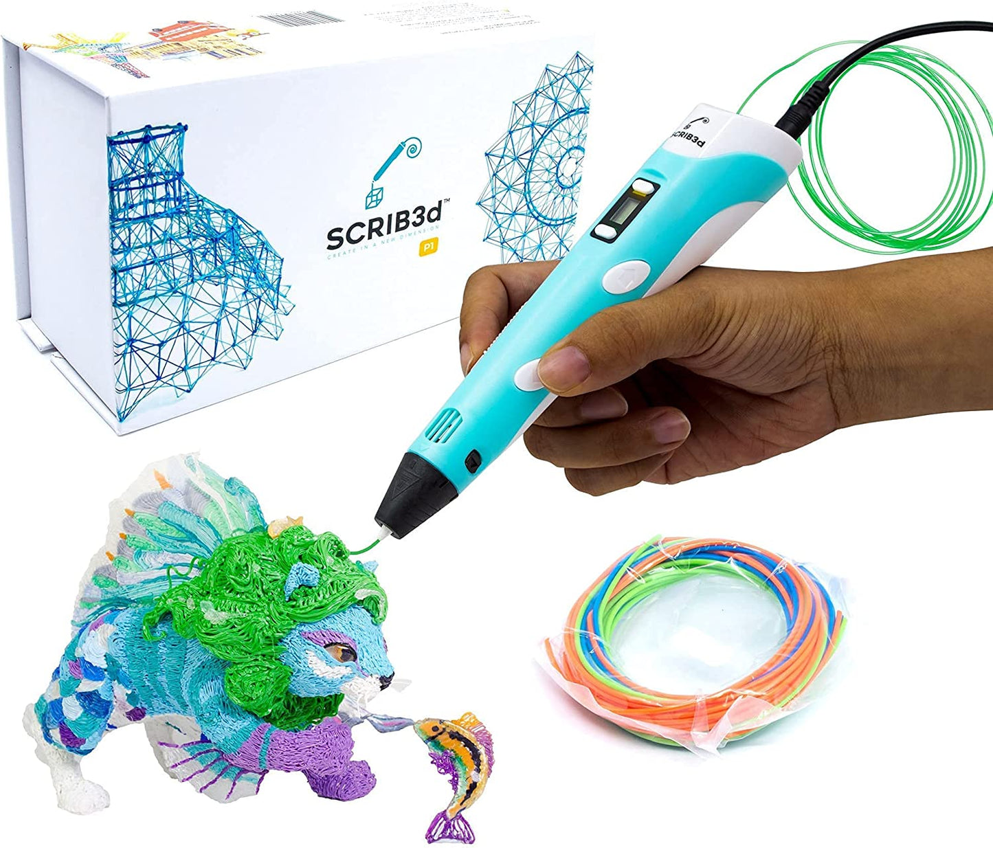 P1 3D Printing Pen Set - Complete Kit with Display, PLA Filament, Stencil Book, Project Guide, and Power Adapter