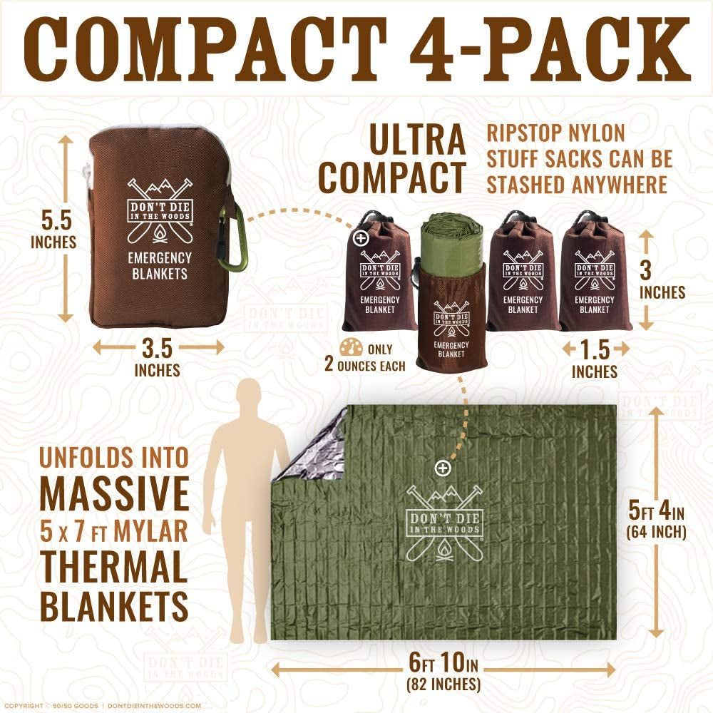 Freakin' Huge Emergency Blankets 4-Pack — Extra Large 5'x7' Mylar Space Blankets, Ripstop Nylon Stuff Sacks, Carabiner Pack, Survival & First Aid