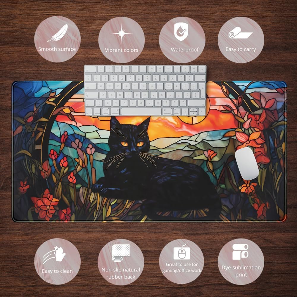 Black Cat Vintage Sunset XXL Gaming Desk Mat — 31.5 x 15.7 Inch, Stitched Edges, Non-Slip Rubber Base, Keyboard & Mouse Pad for Gaming & Office