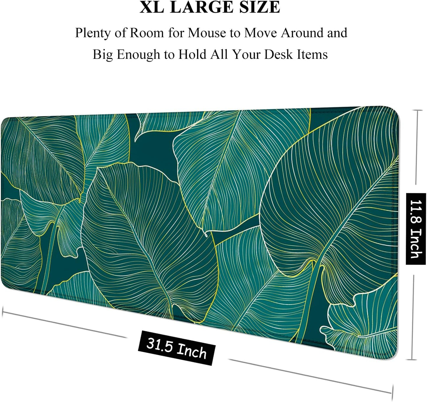 XL Extended Gaming Mouse Pad 31.5 x 11.8 Inch — Teal Tropical Leaves, Stitched Edges, Non-Slip Rubber Base, Waterproof, MOBA FPS RTS Compatible