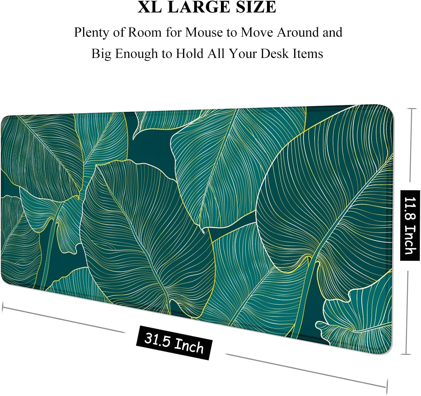 XL Extended Gaming Mouse Pad 31.5 x 11.8 Inch — Teal Tropical Leaves, Stitched Edges, Non-Slip Rubber Base, Waterproof, MOBA FPS RTS Compatible