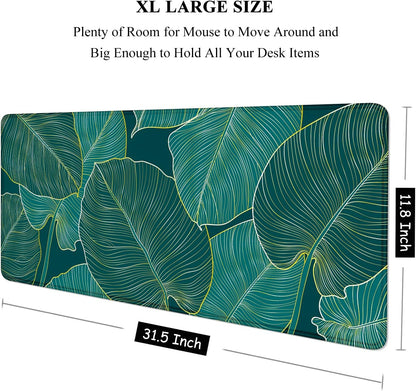 XL Extended Gaming Mouse Pad 31.5 x 11.8 Inch — Teal Tropical Leaves, Stitched Edges, Non-Slip Rubber Base, Waterproof, MOBA FPS RTS Compatible