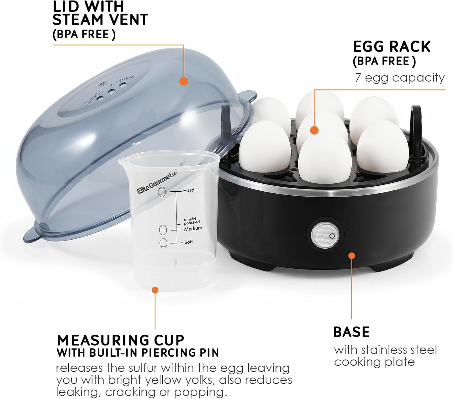 Easy Egg Cooker EGC115B - Perfectly Cook 7 Eggs to Soft, Medium, or Hard-Boiled with Auto Shut-Off & Measuring Cup - BPA Free, Classic Black