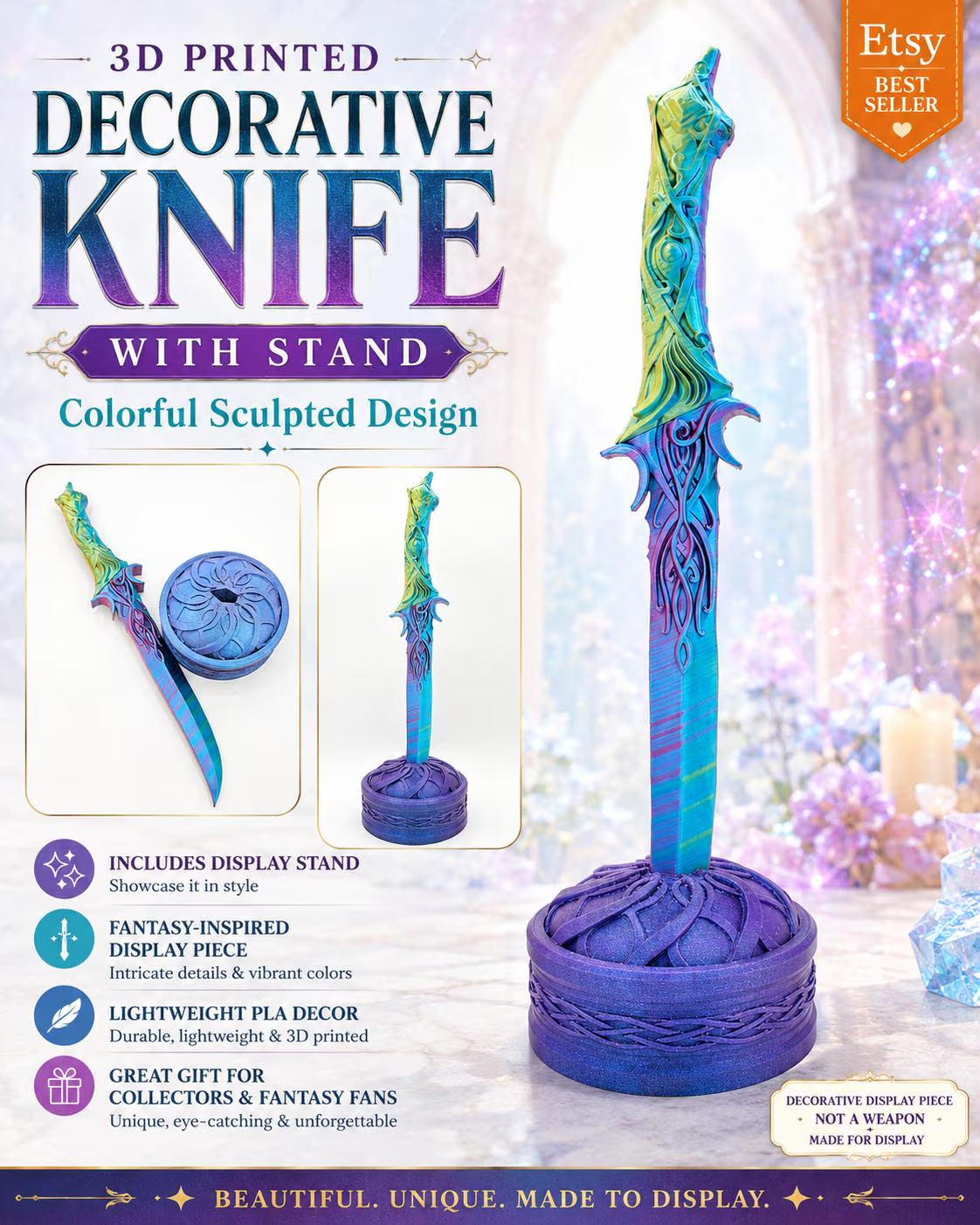 Vibrant 3D Printed Decorative Knife with Elegant Stand - Unique Sculpted Design