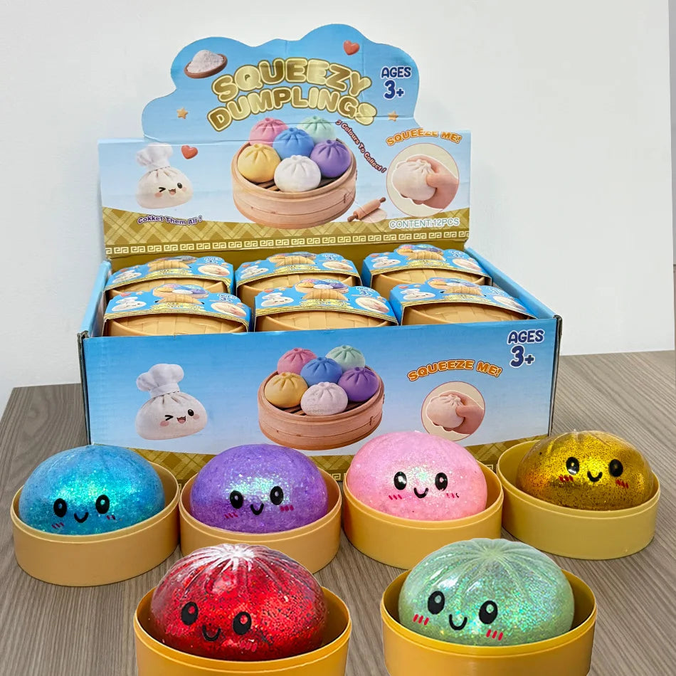 Glitter Dumpling Squishy Stress Relief Toy Set - 1 to 12 Pcs with Box for Sensory Fun