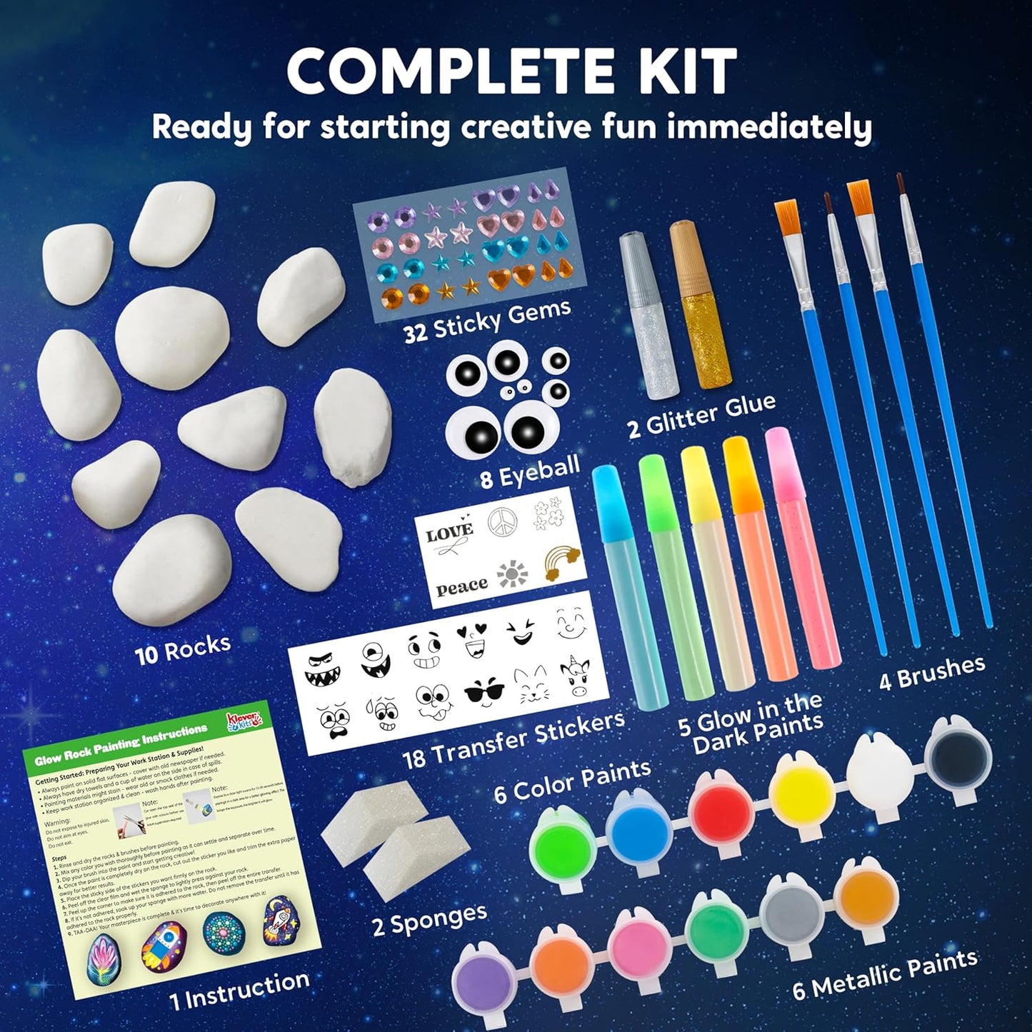 Glow in the Dark Rock Painting Kit - Unleash Creativity with 12 Vibrant Paints for Kids Ages 6-12 - Perfect Arts & Crafts Gift for Birthday Parties and Creative Play
