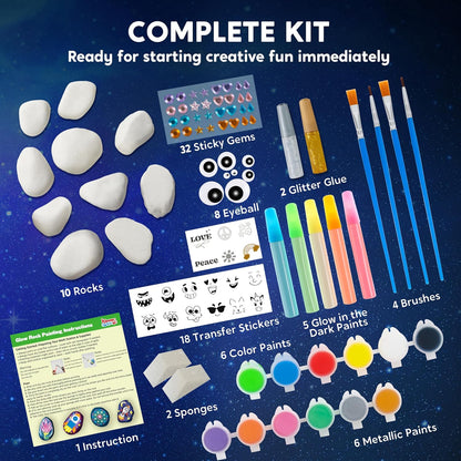 Glow in the Dark Rock Painting Kit - Unleash Creativity with 12 Vibrant Paints for Kids Ages 6-12 - Perfect Arts & Crafts Gift for Birthday Parties and Creative Play
