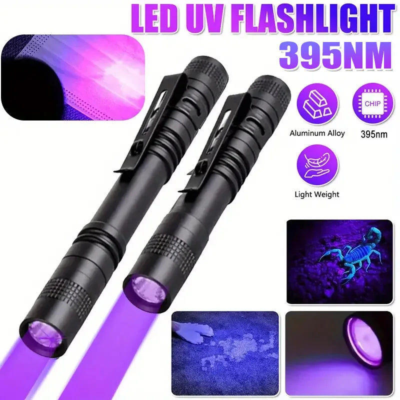395Nm UV Blacklight Flashlight - Portable Pet Urine & Bed Bug Detector with Clip for Camping - AAA Battery Powered