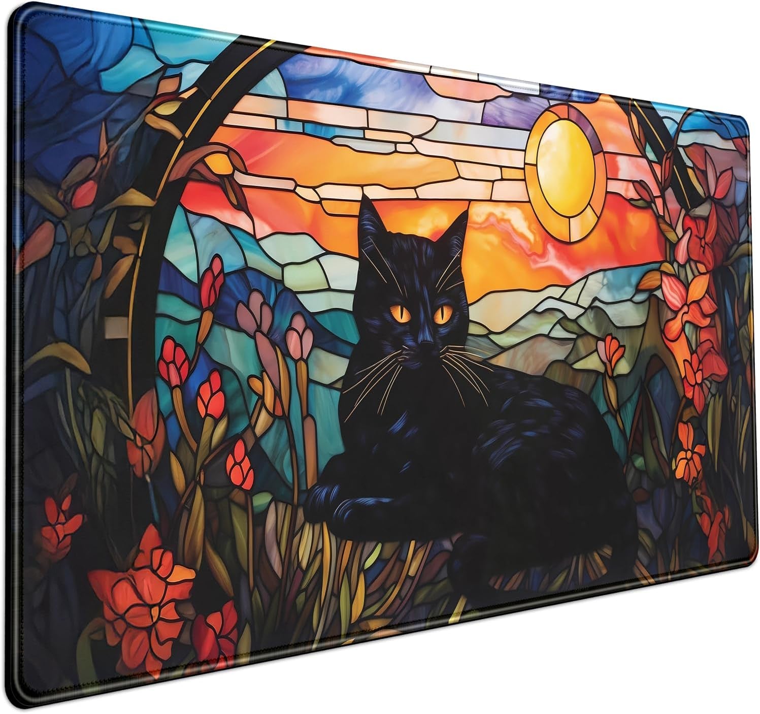 Black Cat Vintage Sunset XXL Gaming Desk Mat — 31.5 x 15.7 Inch, Stitched Edges, Non-Slip Rubber Base, Keyboard & Mouse Pad for Gaming & Office