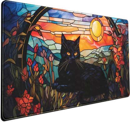 Black Cat Vintage Sunset XXL Gaming Desk Mat — 31.5 x 15.7 Inch, Stitched Edges, Non-Slip Rubber Base, Keyboard & Mouse Pad for Gaming & Office