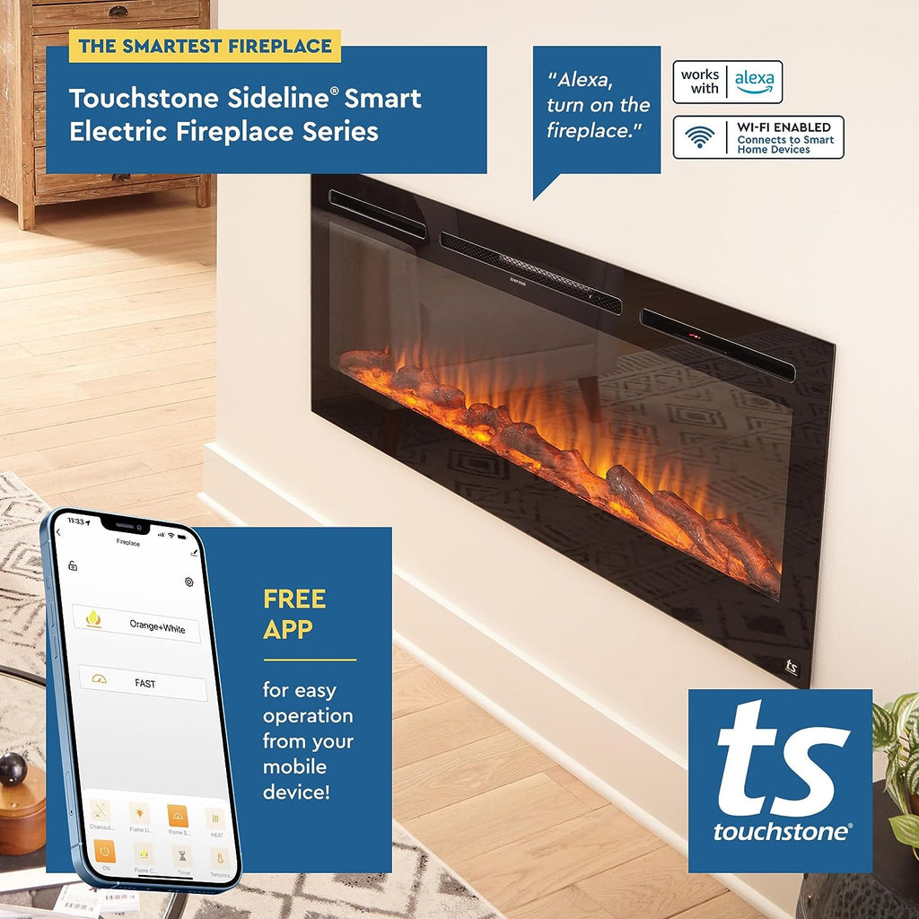 Touchstone Forte 40" Smart Electric Fireplace — Recessed Wall Mount, 30 Flame & Ember Options, 1500W Heater, Alexa & WiFi, Log & Crystal Hearth
