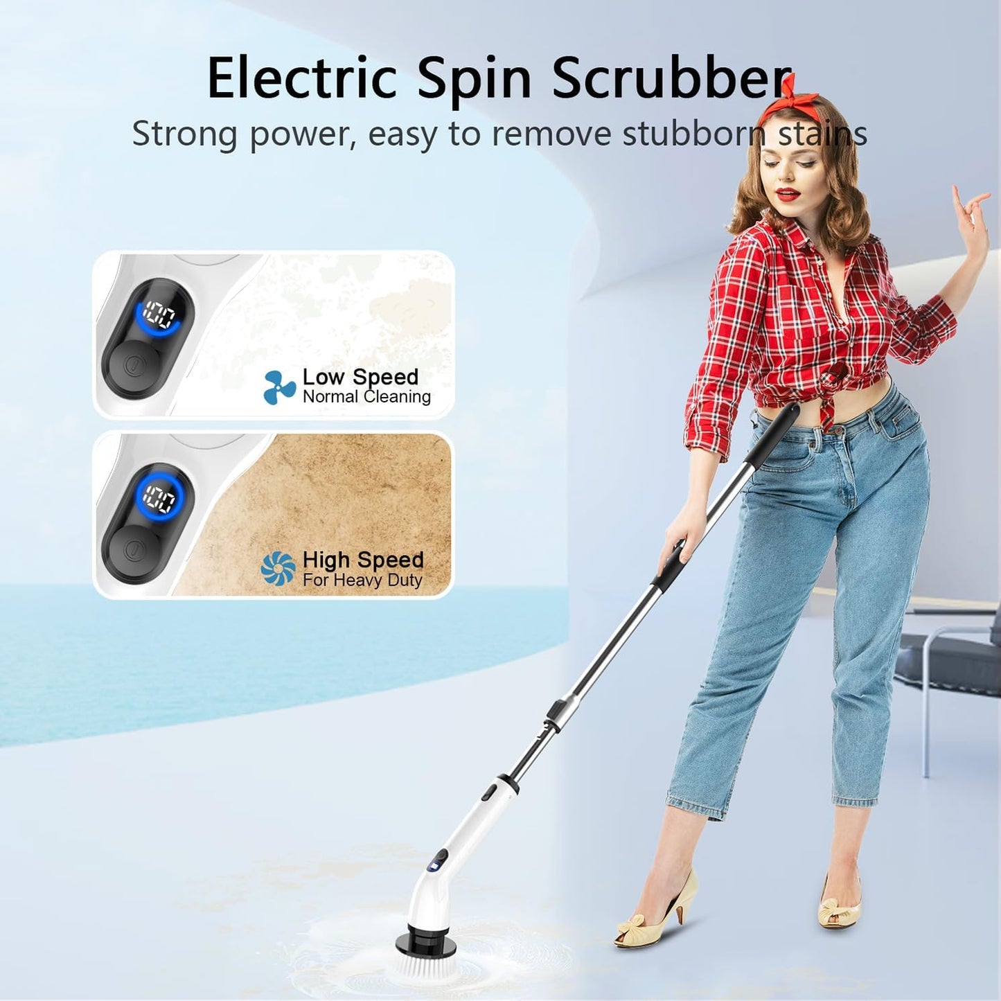 Powerful Electric Spin Scrubber - Waterproof, Cordless Bathroom & Kitchen Cleaner with Adjustable Handle & LCD Display