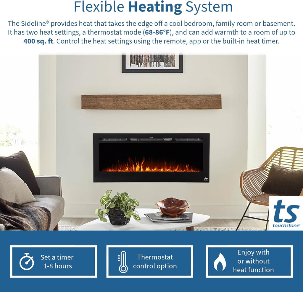 Touchstone Forte 40" Smart Electric Fireplace — Recessed Wall Mount, 30 Flame & Ember Options, 1500W Heater, Alexa & WiFi, Log & Crystal Hearth